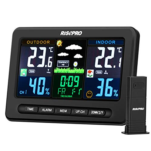 RISEPRO Wireless Wetterstation mit Außenfernbedienung Sensor In Out Temperatur und Luftfeuchtigkeit Wecker Kalender Wettervorhersage Farb-LCD-Display von RISEPRO