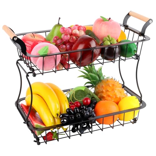 RISVOWO 2 Stockig Obstkorb Etagere, Obst Etagere mit Holzgriff, Abnehmbar Metall Obstschalen, Küchen Organizer für Aufbewahrung, Gemüse, Snacks,Obstetageren Obstschale für Hause, Küche, Büro(Schwarz) von RISVOWO