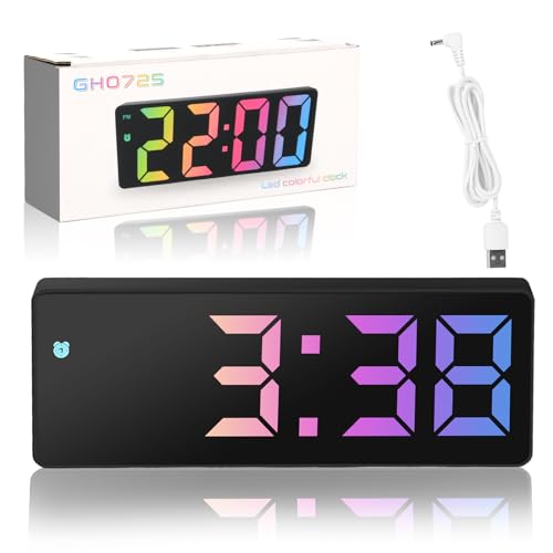 RISVOWO Digitaler Wecker, Digitaluhr mit LED-Display, Digitaluhr mit Snooze-Funktion, Nachttischwecker Morgen, Stromversorgung über USB/Akku, Snooze/Temperatur/Datum, bunt von RISVOWO