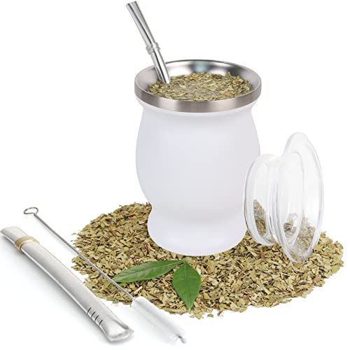 ROCKY&CHAO Yerba Mate Gourd Set mit zwei Bombillas 8oz Teetasse aus 18/8 Edelstahl doppelwandig hitzebeständig Mate Teetasse mit BPA-freiem Deckel, zwei Strohhalmen und einer Reinigungsbürste (Weiß) von ROCKY&CHAO