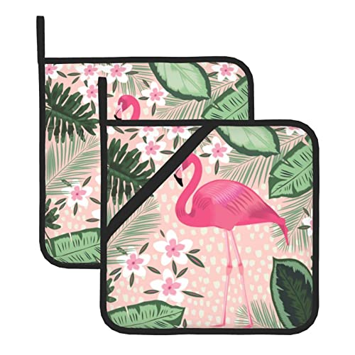Flamingo bedruckte Topflappen mit Tasche, 2 Stück, hitzebeständig, rutschfest, für die Mikrowelle, zum Backen, Kochen, Grillen von ROOZEE
