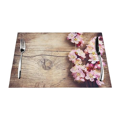 Frühlingsblüte auf Holz, romantisch, natürlich bedruckt, PVC, gewebt, 6 Stück, hitzebeständig, rutschfest und stilvolle Tischdekoration von ROOZEE