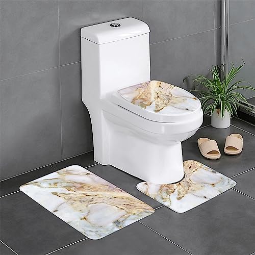 ROOZEE Marmor Flanell rutschfeste Badteppiche Sets 3 Stück - Dekoratives Badematten-Set, Badezimmerteppich + U-förmige Kontur Toilettenvorleger + O-Form Toilettensitzbezug von ROOZEE