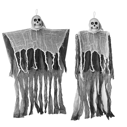 ROSAUI 2Stück Halloween Skelett Deko, 80cm Hängende Gruselig Geister für Halloween Indoor und Outdoor Dekoration (2X Großköpfige Geister) von ROSAUI