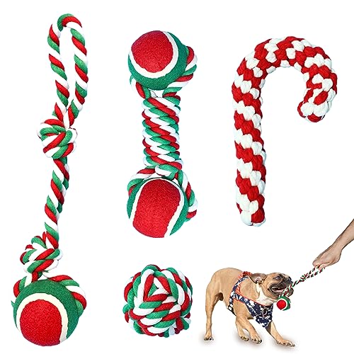 ROSAUI Hundespielzeug Weihnachten, 4 Stück Kauspielzeug für Kleine und Mittlere Hunde, Hundeball, Hundespielzeug Seil Set von ROSAUI