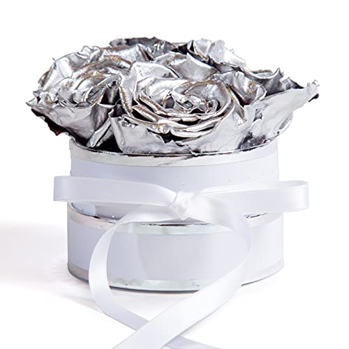 Infinity Rosen Box weiß rund - 4 echte Rose silberfarben haltbar 3 Jahre - ewige Rose die eine Ewigkeit blüht für 25 Jahre Jubiläum Geschenke für Mama zur Silberhochzeit (Small, Silber) von ROSEMARIE SCHULZ Heidelberg