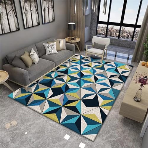 ROSURUG Betttruhe Schlafzimmer Teppich Antirutsch Pads Modernes Design Gelb Blau Dreieck Geometrisches Design Rechteck Mehrdimensional 60X100cm Teppichboden von ROSURUG