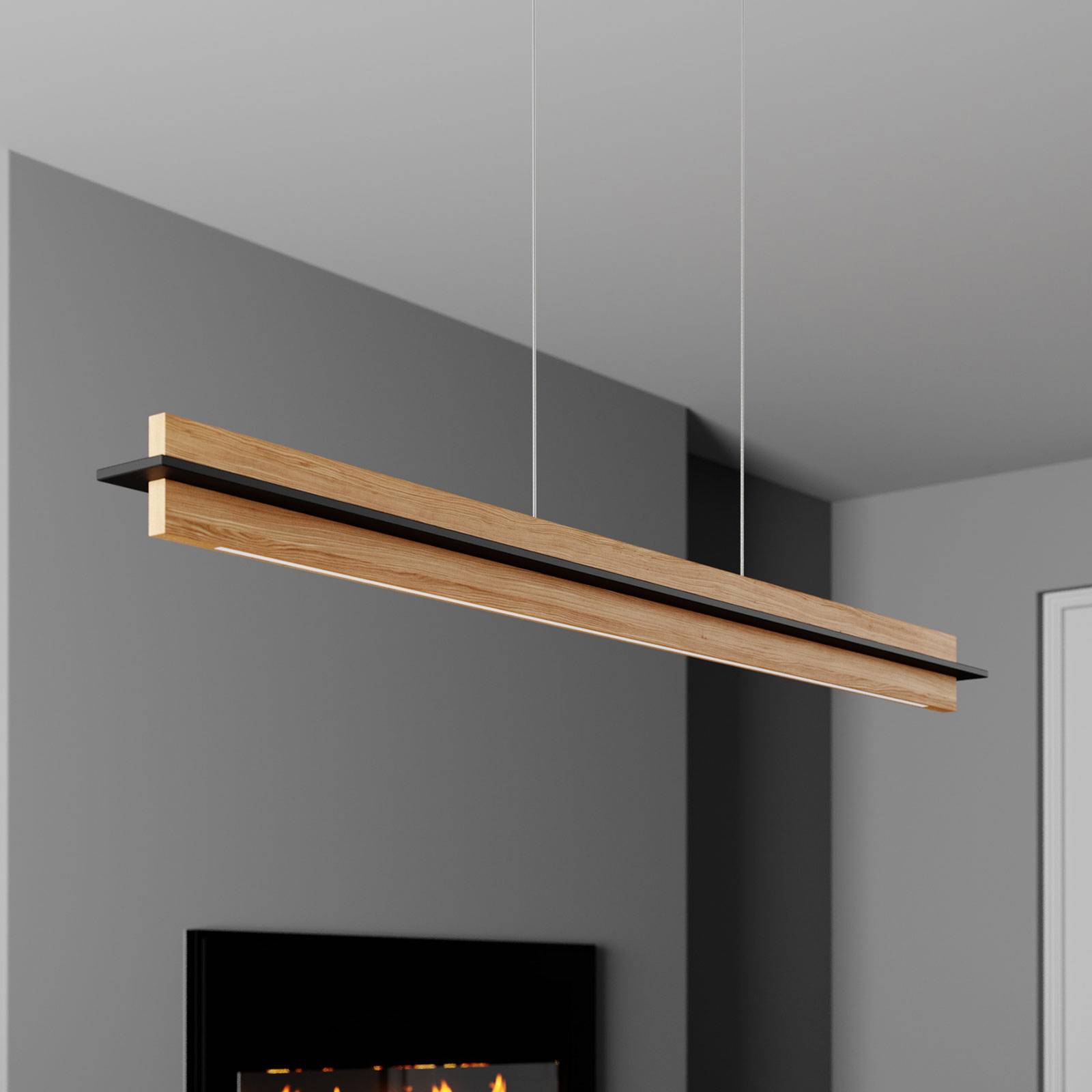 Quitani LED-Pendellampe Lexa, eiche/schwarz, Länge 118 cm von quitani