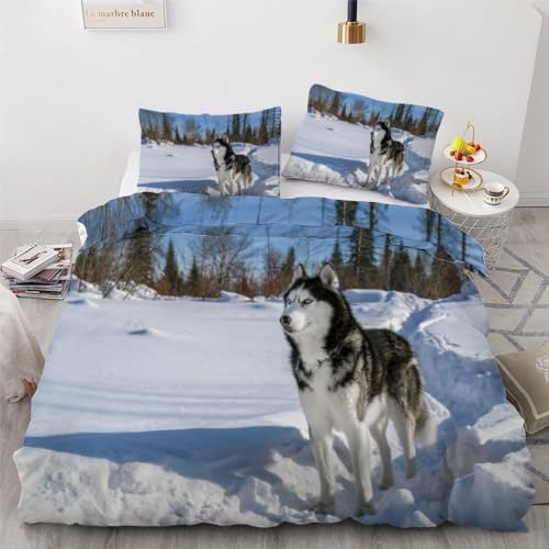 ROUSKI Bettwäsche Husky 135x200 cm 2teilig 100% Mikrofaser Kinderbettwäsche Tiere Hunde Wendebettwäsche mit Reißverschluss 3D Motiv Zimmer Dekor Bettwäsche-Sets mit Kissenbezüge 80x80 von ROUSKI