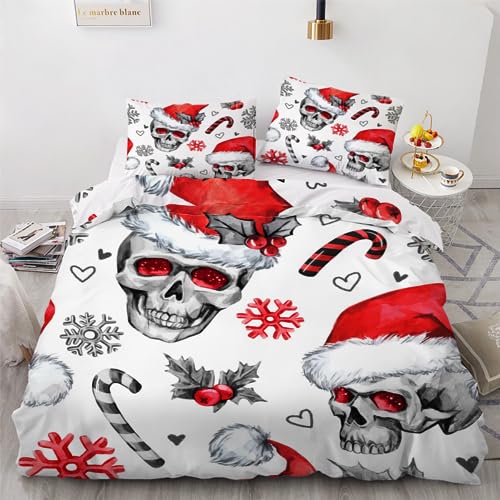 ROUSKI Bettwäsche Schädel 220x240 cm 3teilig 100% Leicht Mikrofaser Bettbezug WeihnachtenTotenkopf Wendebettwäsche mit Reißverschluss 3D Motiv Zimmer Dekor Bettwäsche-Sets mit 2 Kissenbezüge 80x80 von ROUSKI