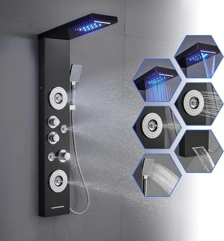 ROVOGO Duschsystem Duschpaneel mit Thermostat LED, 5-Funktion (Regendusche, Wasserfall, mit Armatur und LED Beleuchtet Massagedusche, und Badewanneneinlauf von ROVOGO