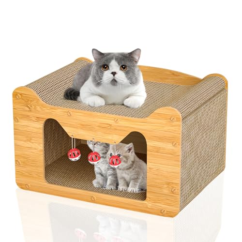 Katzenhütte aus Pappe, Katzen Kratzbrett, 2-lagiges überdimensionales Pappkatzenhaus, verwendet für Indoor rechteckigen Katzenschaber, mit Spielglockenball, Katzenbett Größe 55x30x30cm (L01) von RSHVSMS