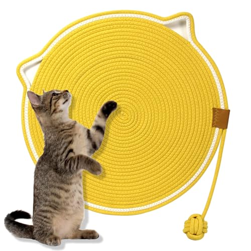 Kratzunterlage für Katzenböden, Katzenschlafmatte, speziell für Katzen und Hunde, Sommer gewebte Schlafmatte 50x50cm, mit Spielball（gelb）(M-02) von RSHVSMS