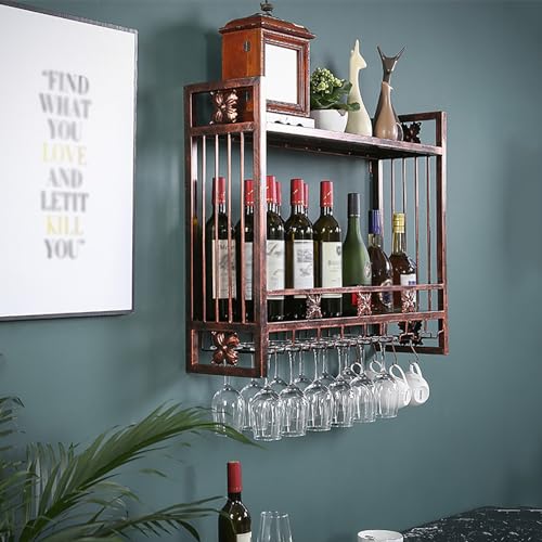 An der Wand montiertes Weinregal aus Metall, hängendes Weinflaschen- und Glasregal, 2-stufige Regale mit Stielglas-Gläserhalter, schwebende Regale, Weinpräsentationsregal für die Küche, das Wohnzimm von RTAKG