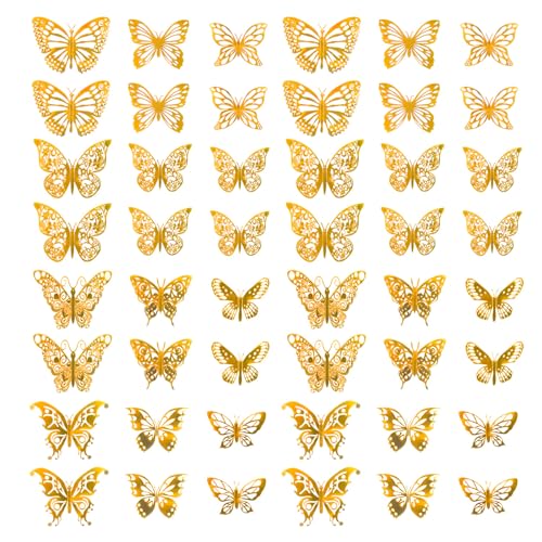 RTRTGS 48 Stück Mixed 3D Schmetterlinge Wandtattoos,3D Schmetterlinge Deko Butterfly Wandsticker,lebendige Flash Wandaufkleber für Zuhause,Schlafzimmer,Kinderzimmer Mädchen (Gold) von RTRTGS
