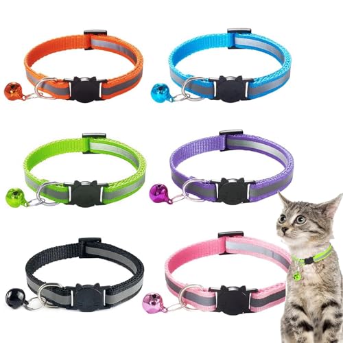 RTRTGS 6 Stück Katzenhalsband mit Sicherheitsverschluss, Verstellbare Reflektierende Kätzchenhalsbänder mit Glocke von RTRTGS