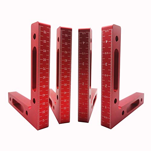 90 Grad Winkel-Klemme, 12 cm x 12 cm Positionierwinkel, Aluminiumlegierung Rechtwinkliges Holzbearbeitungswerkzeug für Boxen Bilderrahmen Regalschränke (RED, 4 Pack) von RUIITEN