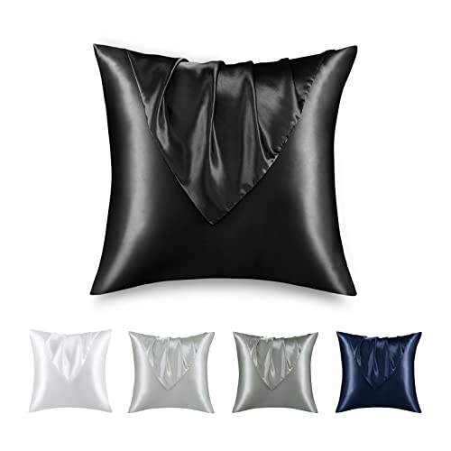 RUIKASI Satin Kissenbezug 80x80cm Schwarz - Kopfkissenbezug 80x80 2er Set mit Reißverschluss, Leicht Pflege wie Seide Kissenbezüge 80x80 cm Doppelpack, Weich Pillowcases für Haare und Haut von RUIKASI