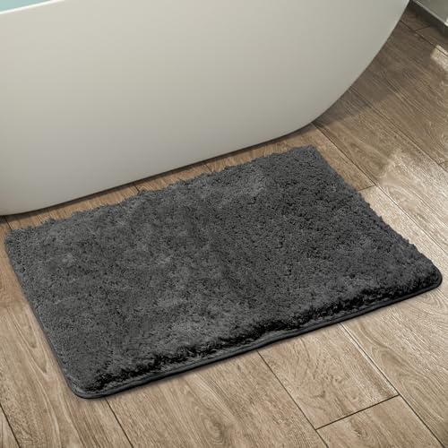 RUN HELIX Badematte 40x60cm, 2 cm Flauschiger Langer Haar Rutschfester Super Saugfähiger Maschinen-mikrofaser Waschbarer Badteppich für Badezimmer Badewanne Boden, Dunkelgrau von RUN HELIX