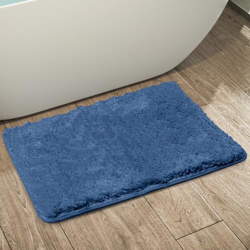 RUN HELIX Badematte 50x80cm, 2 cm Flauschiger Langer Haar Rutschfester Super Saugfähiger Maschinen-Mikrofaser waschbarer Badteppich für Badezimmer Badewanne Boden, Blau von RUN HELIX