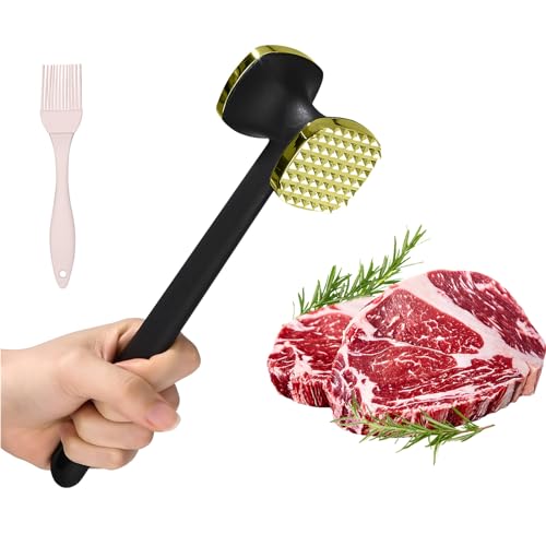 RZMZBY 2 Stück Fleischklopfer aus Edelstahl und Ölbürste aus Silikon, doppelseitiger Fleischhammer für Steak, Hammer zum Zarten, für Huhn, Rind, Schwein, Nüsse von RZMZBY