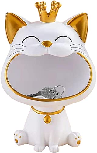 RZXBB Großer Mund Katzen Deko Schale,Glückskatze Skulptur Schlüssel Aufbewahrung,Schmuck Box,Lachende Katze Figuren Lagerung Box,Katze Skulptur Statue Harz Für Home (Weiss) von RZXBB