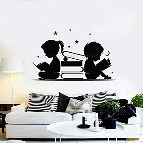 Wandsticker Kunstaufkleber Kinderzimmer Jungen Und Mädchen Lesen Stern Und Mond Bücherregal Leseecke 57X34Cm von RZYLYHH