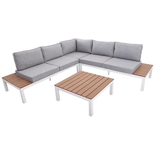 Raburg XXL Gartenlounge Sunday, Alu in WEIß, Kunststoff in MITTEL-BRAUN mit Polster Stein-GRAU-MELIERT, 4-TLG. Premium, variabel & flexibel, für bis 5 Personen, große Sitzgruppe von Raburg