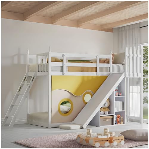 Racxily Etagenbett 90 x 200 cm, Kinderbett mit Treppen und Zäunen, mit Bettvorhang, Rutsche und Ablage, Rahmen aus Kiefernholz, Weiß von Racxily