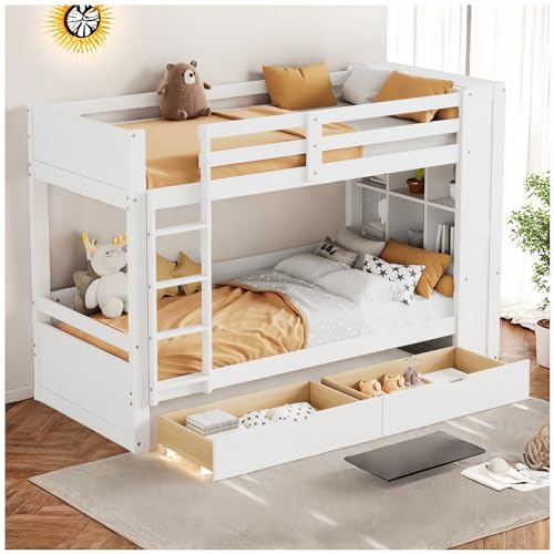 Racxily Etagenbett für Kinder, 90 x 200 cm, mit zwei Schubladen und Geländern, Staufach am Fußende des Bettes, Etagenbett, Weiß von Racxily