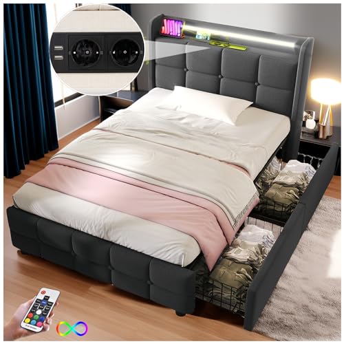 Racxily Gepolstertes Bett mit USB und LED und 2 Schubladen, 90 x 200 cm, Lattenrost aus Holz, Einzelbett, Grau von Racxily