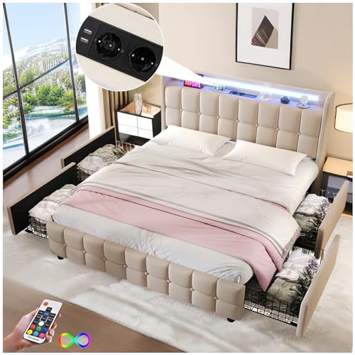 Racxily Gepolstertes Bett mit USB und LED und 4 Schubladen, Doppelbett 160 x 200 cm, Lattenrost aus Holz, Beige von Racxily