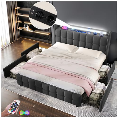 Racxily Gepolstertes Bett mit USB und LED und 4 Schubladen, Doppelbett 160 x 200 cm, Lattenrost aus Holz, Grau von Racxily