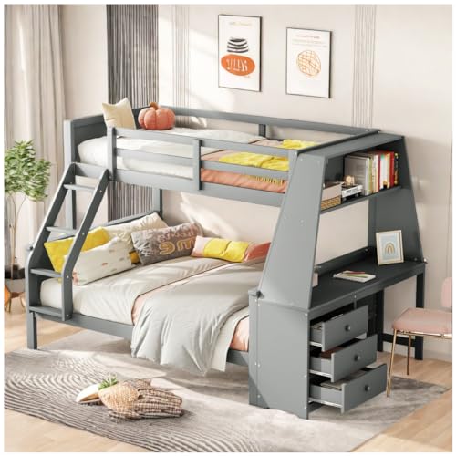 Racxily Kinder Bett, Etagenbett, ausgestattet mit Tisch und Schubladen, hohes Geländer,90/140 * 200cm,grau von Racxily