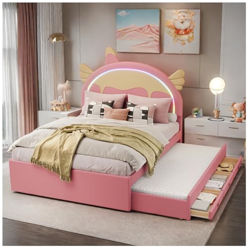 Racxily Kinderbett, ausgestattet mit ausziehbares rollbett,140 * 200cm, Einhornform,PU-Material,rosa von Racxily