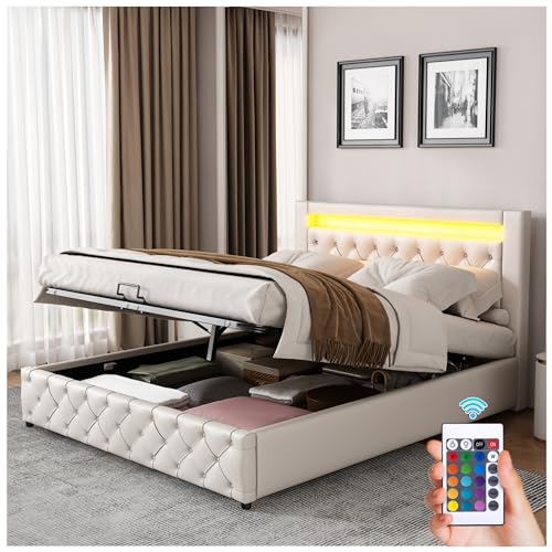 Racxily Polsterbett 180x200 cm Doppelbett mit LED Beleuchtung mit Lattenrost und Stauraum Weiß PU von Racxily