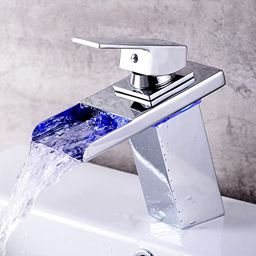 LED Wasserhahn, Wasserfall Waschtischarmatur Beleuchteter Glas Bad Armatur Waschbecken mit 3 Farbewechsel für Badezimmer von RainWeel