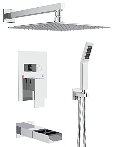 Rainsworth 3-Funktions Duschsystem Unterputz mit Armatur Badewanne, Hochmoderne Air Injection Technology - 12" Quadratischer Regenduschkopf - Messing und Edelstahl, Unterputz Duscharmatur Chrom von Rainsworth