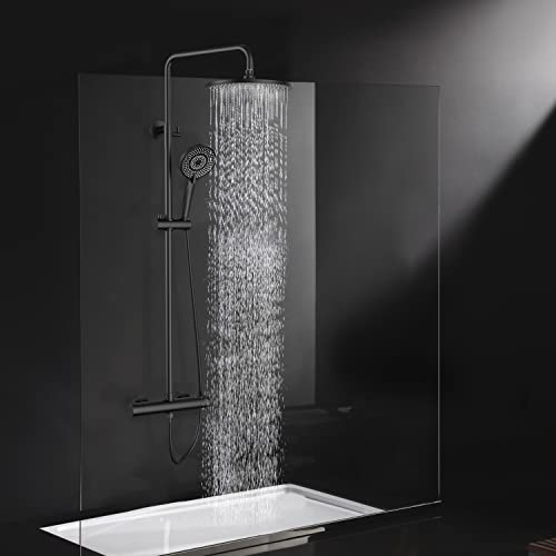 Rainsworth Duschsystem mit Thermostat Schwarz, Duscharmatur Komplettset mit 25cm Rund Regendusche Duschkopf, 3 Strahlarten Duschkopf, 92-126 cm Höhenverstellbar, Regendusche mit Armatur, Duschset von Rainsworth