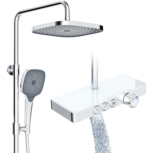 Rainsworth Duschsystem mit Thermostat und Glasablage Chrom - Duscharmatur Komplettset mit Regendusche 26x26 cm, Handbrause 3 Strahlarten und Unterer Auslauf - Duschset Regendusche mit Armatur von Rainsworth