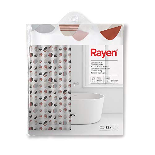 Rayen | Badezimmervorhänge | Duschvorhang oder Badewanne | Wasserdicht | PVA | lichtdurchlässig | PVC Ringe | Inklusive 12 Haken | 180 x 200 cm | Weiß mit bunten Köpfen von Rayen