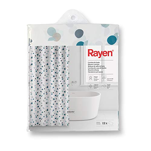 Rayen | Badezimmervorhänge | Duschvorhang oder Badewanne | Wasserdicht | Polyester | Schnelltrocknend | Undurchsichtig, PVC-Ringe | inkl. 12 Haken | 180 x 200 cm | weiß mit blauen Punkten von Rayen