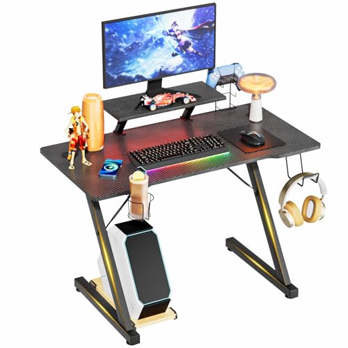 Gaming Tisch mit Monitorständer Z-förmiger Schreibtisch Schwarz Ergonomischer Computertisch Kohlefaserbeschichtung Gamer PC Tisch mit Getränkehalter Gamepad-Ständer Kopfhörerhalter 100x54.5x75cm von Rcynview