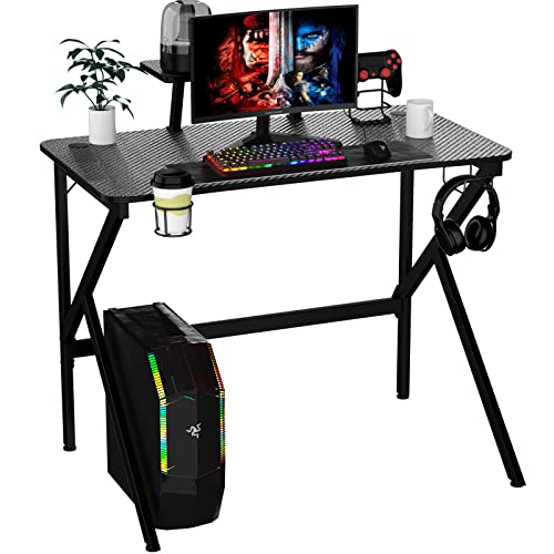 Rcynview 100x55x74 cm Gaming Tisch mit Monitorständer, K-förmiger Schreibtisch Schwarz, Stabiler Computertisch Kohlefaserbeschichtung, Gamer PC Tisch mit Getränkehalter Gamepad-Ständer Kopfhörerhaken von Rcynview