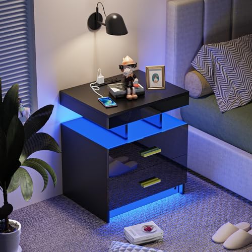 Rcynview Nachttisch mit Ladefunktion, Nachttische Led Nachtschrank USB-Anschlüsse Steckdosen, Schwarz Beistelltisch Bett mit Schublade, Nachtkästchen Wohnzimmer Schlafzimmer, 50x40x58cm von Rcynview
