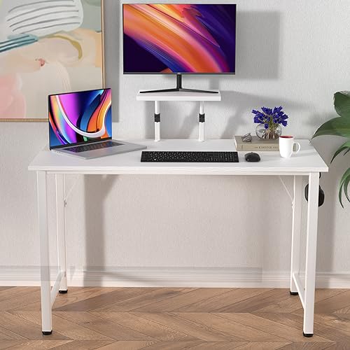 Schreibtisch mit Kleiner Abnehmbarem Monitorständer+1 Haken, Stabiler Pc Gaming Tisch, Leicht Montierbarer Computertisch, Laptoptisch für Zuhause Büro und Wohnzimmer, 100x50 cm Desk, Weiß Bürotisch von Rcynview