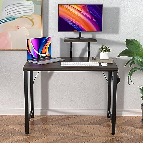 Schreibtisch mit Kleiner Abnehmbarem Monitorständer+1 Haken, Stabiler Pc Gaming Tisch, Leicht Montierbarer Computertisch, Laptoptisch für Zuhause Büro und Wohnzimmer, 80x40 cm Desk, Bräunlich Schwarz von Rcynview