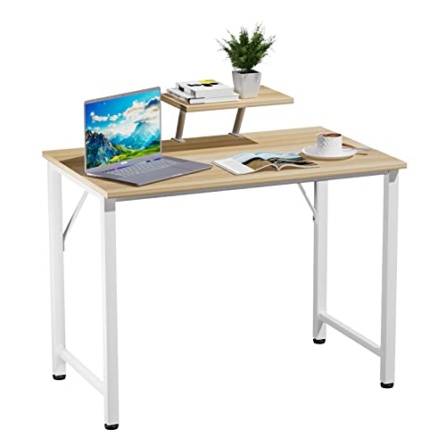 Schreibtisch mit Monitorständer, Stabil Gaming Tisch Computertisch, Laptoptisch mit Kleiner Abnehmbarem Ständer, Wasserdicht Tischplatte, 80x40x74cm PC Desk für Büro Wohnzimmer, Beige bürotisch von Rcynview