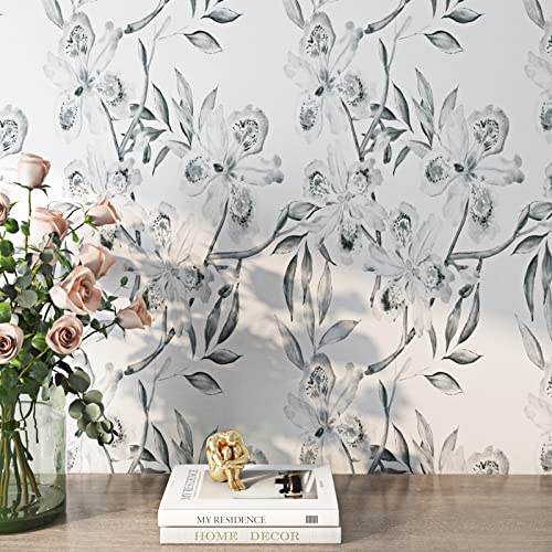 ReWallpaper Tapete Selbstklebend Blumen Schwertlilien 44.5CM×7M Klebefolie Möbel Blätter Grau Weiß Selbstklebende Folie Muster Boho Dekofolie Möbelfolie Vintage Tapete Badezimmer Wasserfest Wand Küche von ReWallpaper