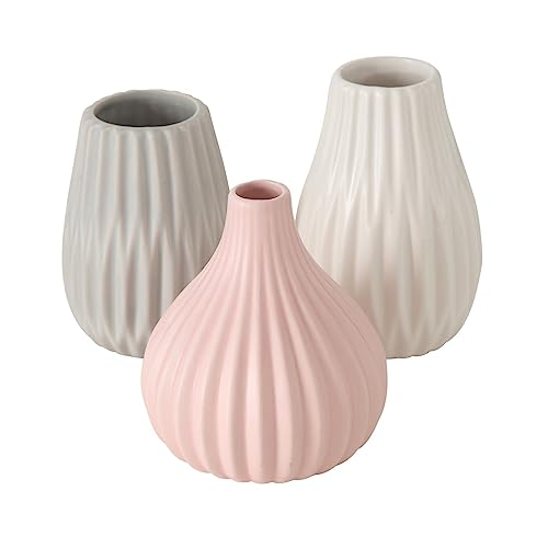 Blumenvase aus Keramik im 3er Set Mattes Design Mehrfarbig Höhe 14 cm Tischdekoration Moderne Vase Tischvase - Grau Rosa Weiß von ReWu